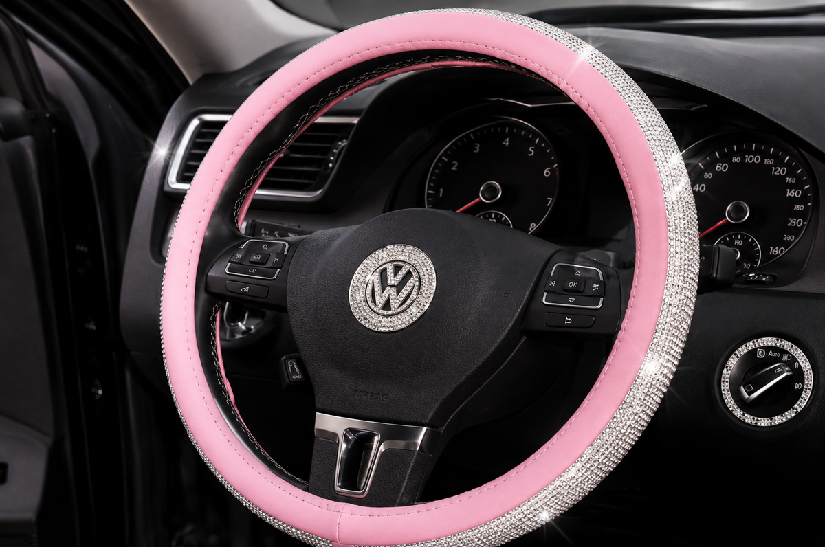 A pink steering wheel cover with silver rhinestone trim, installed on a black Volkswagen steering wheel inside a car.