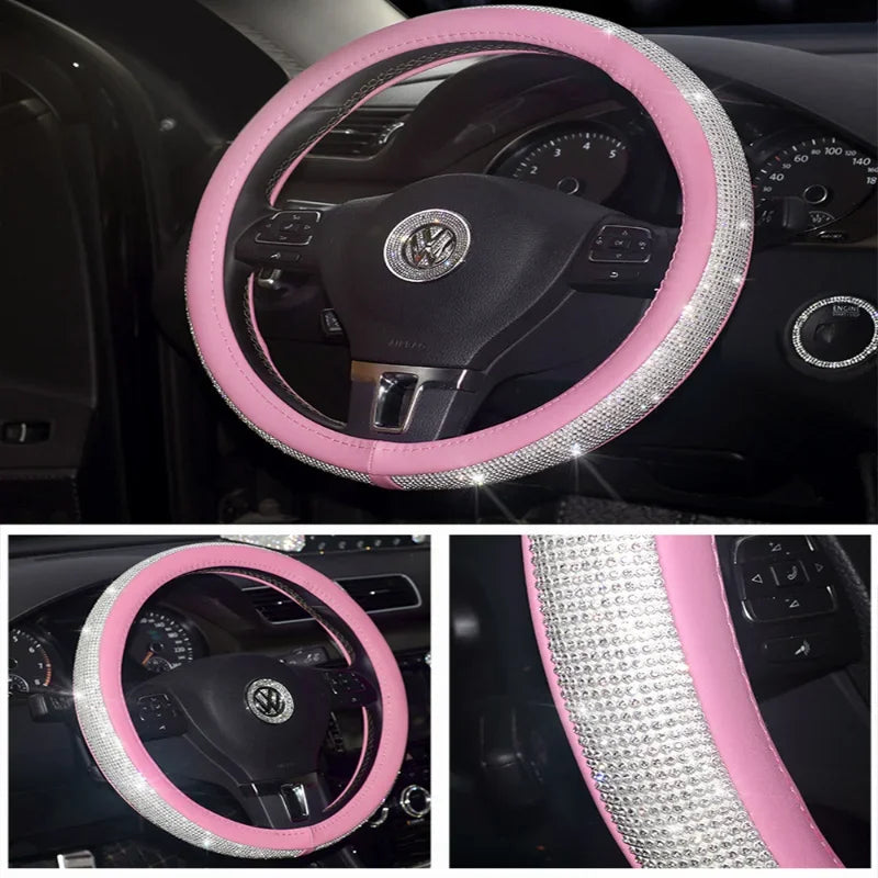 A pink steering wheel cover embellished with sparkling rhinestones around the outer rim, shown installed on a car steering wheel. The image includes three inset close-up views highlighting the pink and silver rhinestone texture.