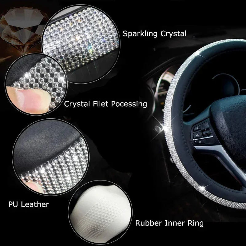 Car steering wheel cover with sparkling crystal design and close-up details on a black background.