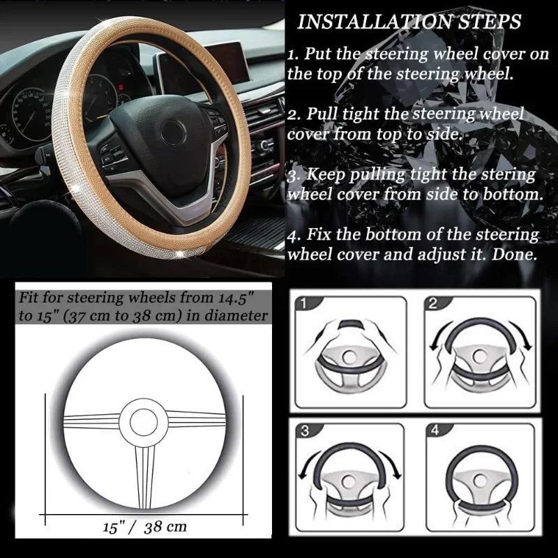 Steering wheel cover with installation steps and product details.