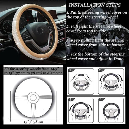 Steering wheel cover with installation steps and product details.